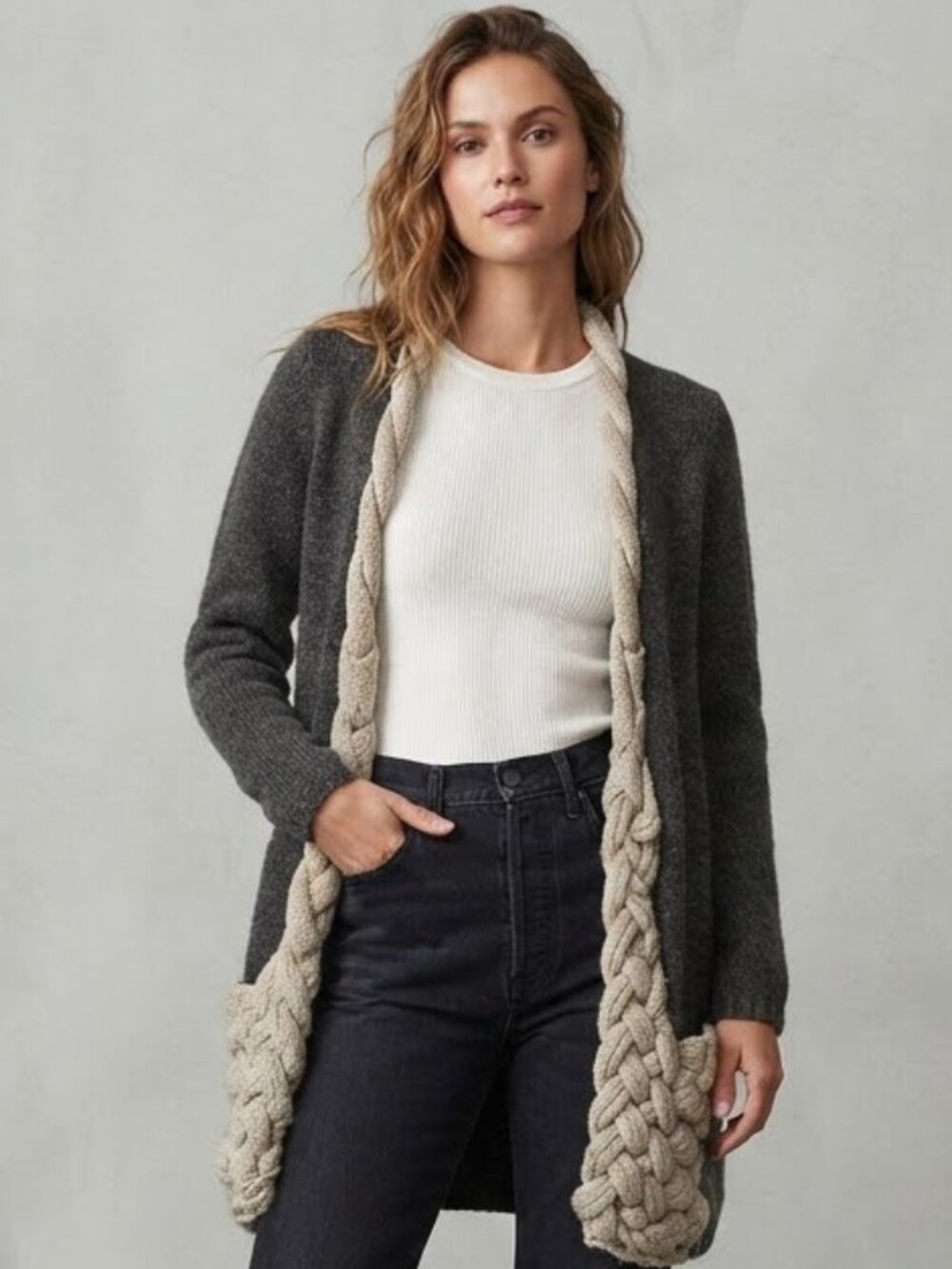 Anthropologie Sparrow 100% Lambswool Gray Braided Trim Open Cardigan Sweater
